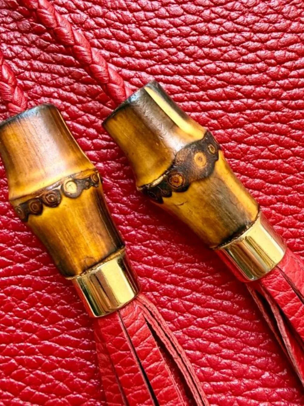 Gucci Red Leather Bamboo Tassel Zip Pouch Clutch